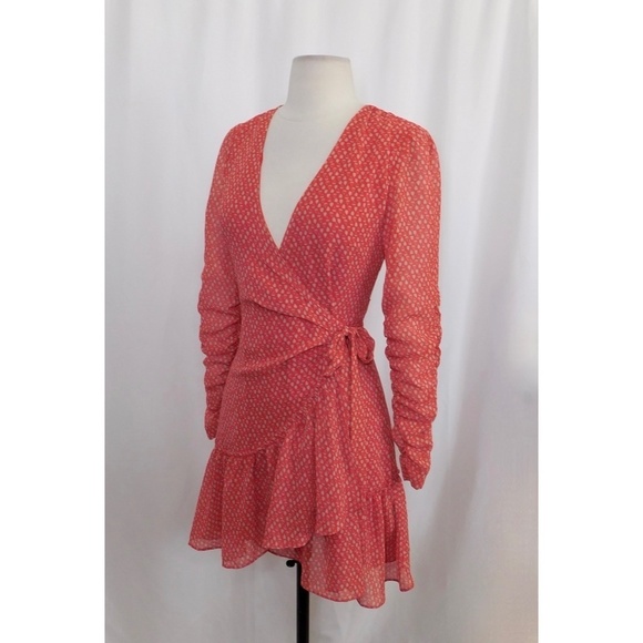 ALLSAINTS Flores Heart Print Wrap Dress Ruched Ruffle Red All Saints X-Small - Picture 8 of 16